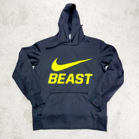 Nike Therma Fit BEAST Hoodie Sweatshirt Men M Black Yellow Swoosh Logo Pullover - Picture 1 of 10